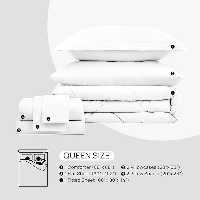Love's cabin Queen Comforter Set White, 7 Pieces Queen Bed in a Bag, All Season Bedding Sets with 1 Comforter, 1 Flat Sheet, 1 Fitted Sheet, 2 Pillowcase and 2 Pillow Sham