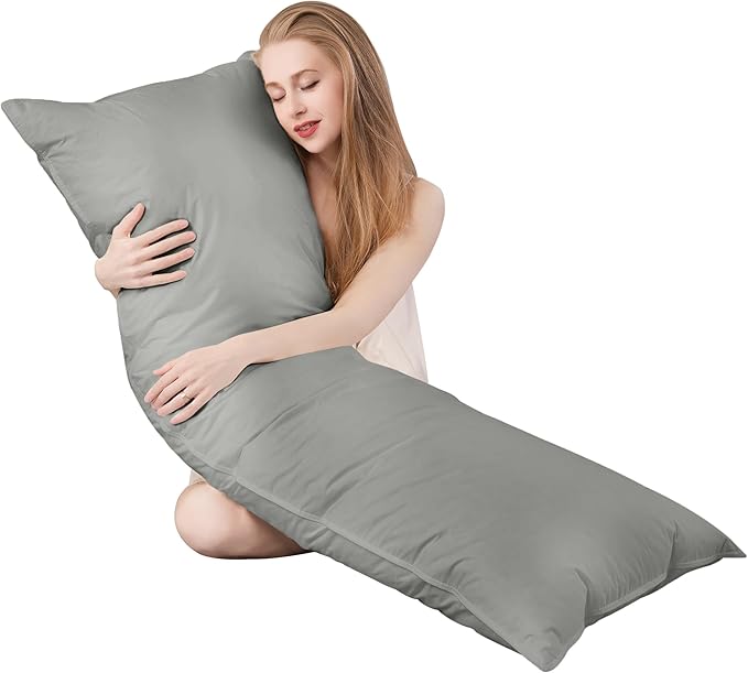 Goose Down Body Pillows for Adults, Large Body Pillow for Side Sleeper, Hugging Feather Body Pillow Insert, Cooling Full Length Long Pillow for Bed with 100% Organic Cotton Shell, (Dark Grey 20"x54")