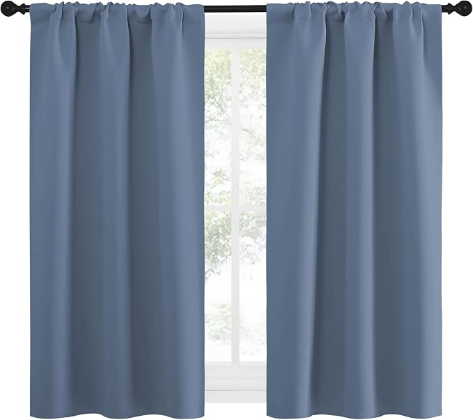 NICETOWN Kitchen Curtains, Short Blackout Curtains & Drapes, Small Window Rod Pocket Draperies for Bedroom (Stone Blue, 34 in x 54 in (W x L), Set of 2)