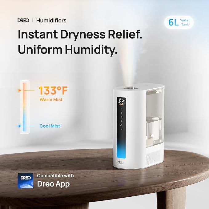 DREO 6L Smart Humidifiers for Bedroom, Warm & Cool Mist for Large Room | 60-Hour Quiet Runtime, 500ML/H Output, Smart Humidity Sensor, Indicator Light, App Control, Works with Alexa & Google, White