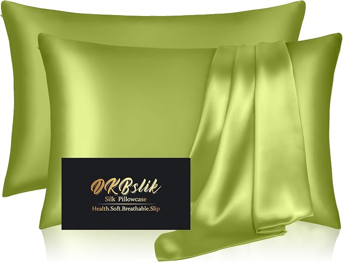 Silk Pillowcase 2 Pack, Mulberry Silk Pillow Cases Queen Size Set of 2, Anti Acne Silk Pillowcase for Hair and Skin, Natural Silk Satin Pillowcases for Sleeping Women 2 Pack with Zipper, Olive Green
