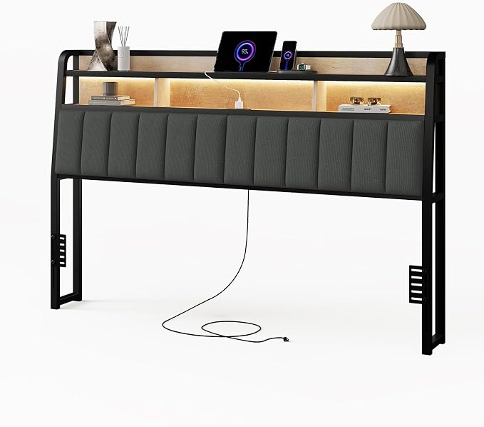 King Headboard Only with Storage, Charging Station, Black & Brown | Upholstered Headboards for King Size Bed with LED Light, Height Adjustable, Sturdy and Stable Headboard