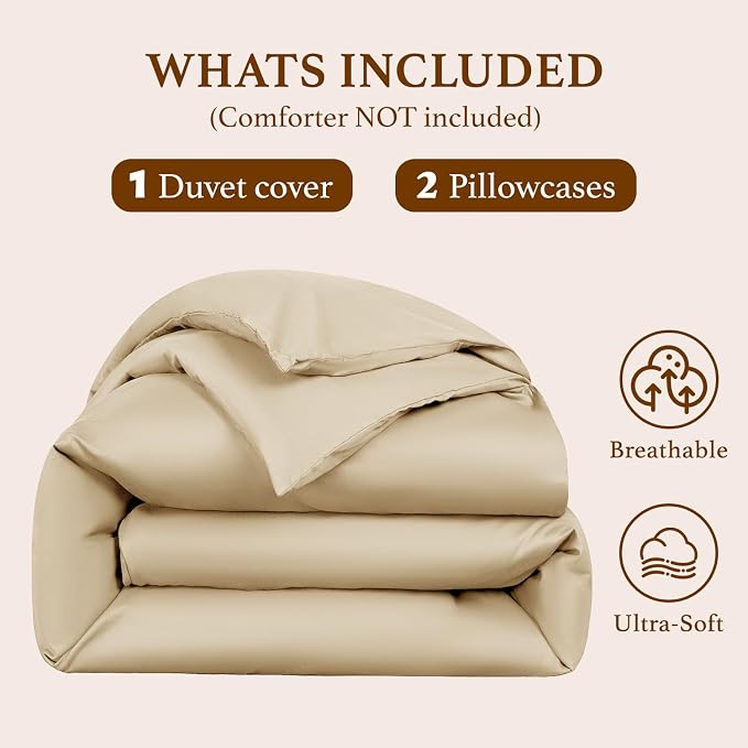 DEITAS 100% Cotton King Duvet Covers 3 Piece,1200 Thread Count，Beige | Luxury Egyptian Cotton Comforter Cover With Zipper Closure, Ultra Cooling Breathable, Hotel Bedding Duvet Covers