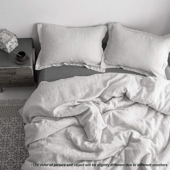 Simple&Opulence 100% Linen Duvet Cover Set with Embroidery Border Washed - 2 Pieces (1 Duvet Cover & 1 Pillow Sham) with Button Closure Soft Breathable Farmhouse - Light Grey, Twin Size