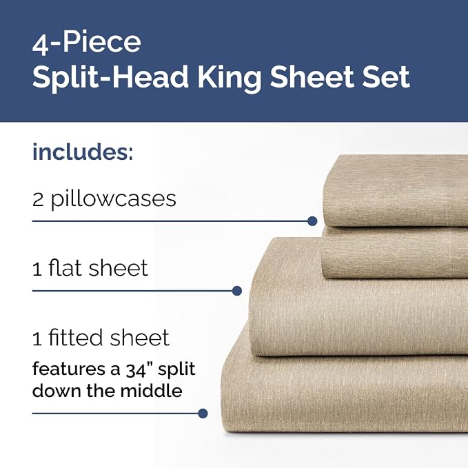 Flex Top Split Head King 4 Piece Sheet Set - Ultra-Soft - Heathered Beige | Cooling Bed Sheets Set, Hotel Luxury Bedding for Women & Men with Deep Pockets, Wrinkle Free & Fade Resistant, Oeko-Tex