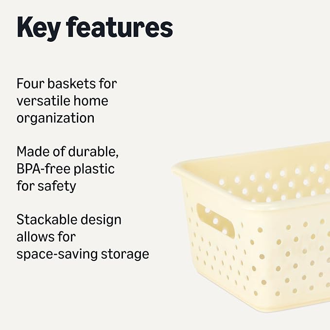 Amazon Basics Decorative BPA-Free Plastic Storage Baskets, 9.9 x 7.4 x 4.16 in, Ivory, 6-Pack