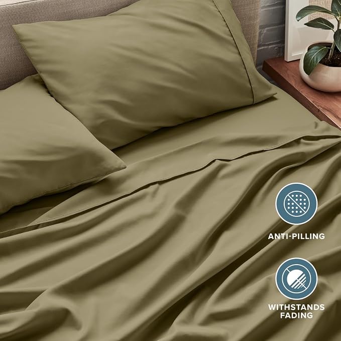 Bare Home Twin Sheet Set - 1800 Ultra-Soft (Twin, Olive) | Deep Pockets 6 to 15 Inches, Breathable, Hypoallergenic, Hotel Luxury, Easy Fit, Soft, All-Season