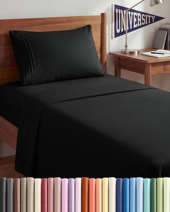 Twin XL 3 Piece Sheet Set - College Dorm Room Essentials - Black | Deep Pocket Bed Sheets for Women, Men, Teens & Students, Soft, Cooling, Breathable & Wrinkle Free, Oeko-Tex Bed Sheet Set
