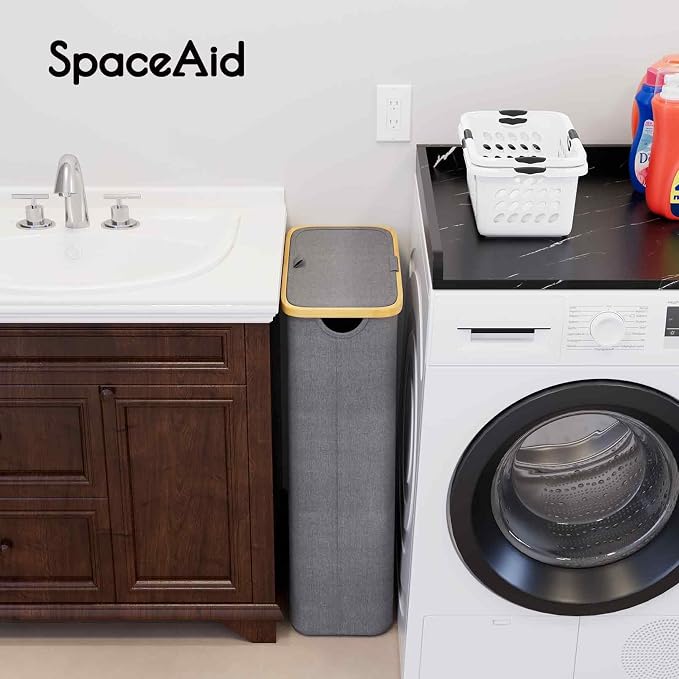 SpaceAid Slim Laundry Hamper with Lid, 65L Narrow Clothes Basket Bin with Bamboo Handles, Skinny Tall Collapsible Hamper for Bedroom, Bathroom, Dorm, Laundry Room - Grey