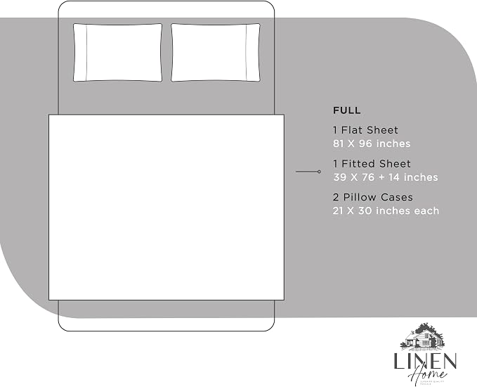 Linen Home 100% Cotton Percale Sheets Full Size, Snow White, Deep Pocket, 4 Pieces Set - 1 Flat, 1 Deep Pocket Fitted Sheet and 2 Pillowcases, Crisp Cool and Strong Bed Linen