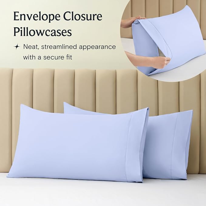 LuxClub Full Size Sheets, Cooling & Soft Deep Pocket Bed Sheets, 4PC | LuxClub Silky Fitted Sheet & Pillowcase Sets, Breathable Hotel Luxury Bedding for Mattress Wrinkle Free, Sky Blue