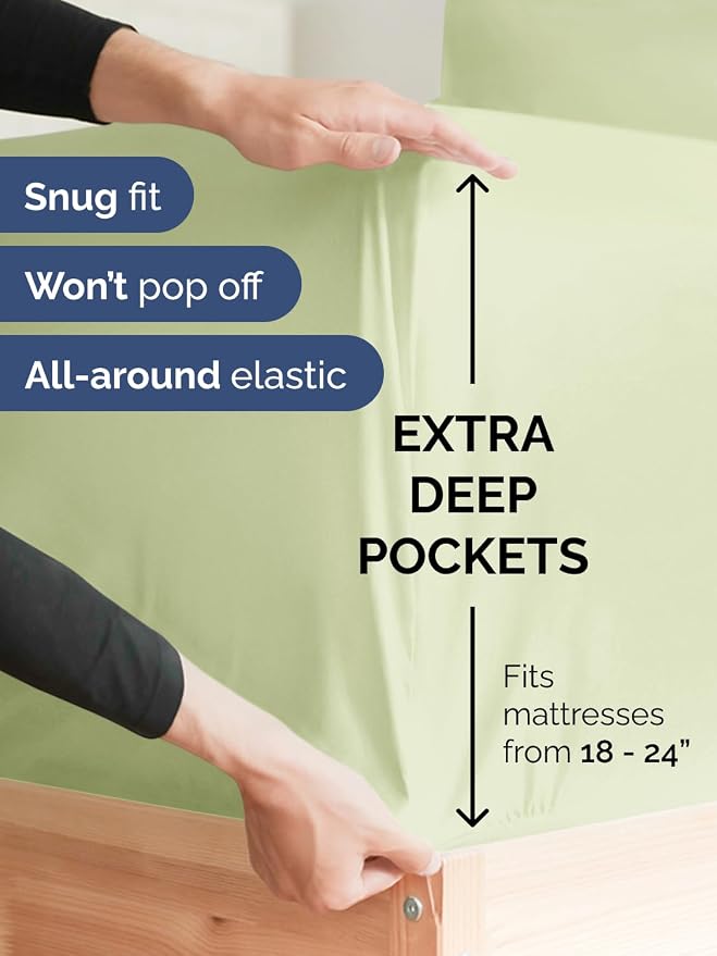 Extra Deep Queen Fitted Sheet - Single Fitted Sheet Only - Light Sage Green | Easily Fits 18 inch to 24 inch Mattress, Soft, Wrinkle Free, Breathable & Comfy, Extra Deep Pockets Hotel Luxury Fitted Sheet
