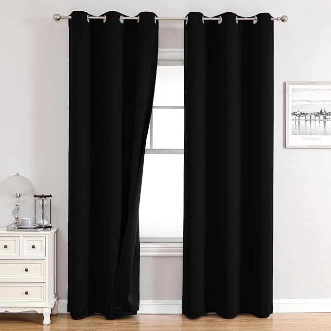 ChrisDowa 100% Blackout Curtains for Bedroom 84 Inches Long 2 Panels Set | 2 Thick Layers, Thermal Insulated, Light Blocking, Grommet, Window Treatment, Living Room Drapes, Black, 42 x 84 Inch