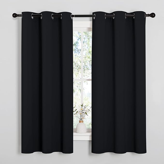 NICETOWN Black Blackout Curtains for Cafe 42" Wide x 48" Long 2 Panels | Solid Grommet Thermal Insulated Drapes, Light Blocking, Room Darkening Window Treatments for Kitchen Dining Room Decor