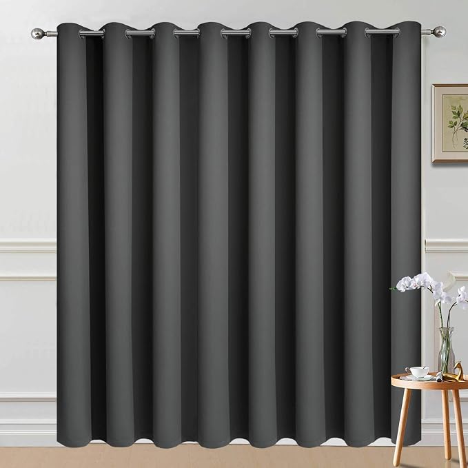 Yakamok Dark Grey Blackout Patio Door Curtain Panels W100 x L96, 1 Panel | Noise Reducing Barrier Panel for Sliding Glass Door, 2 Thick Layers Heat Full Light Blocking Patio Door Drapery