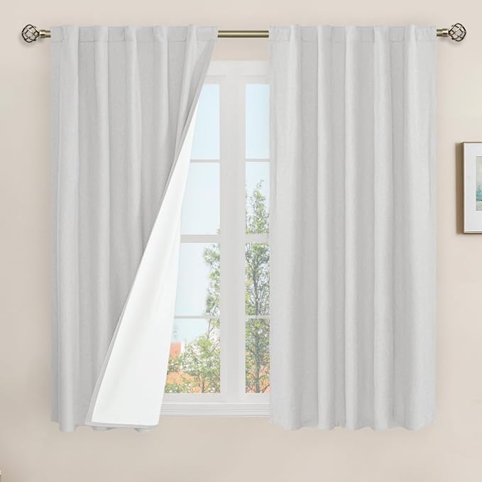 54 Inch Natural 100% Blackout Linen Curtains 2 Panels, 42 x 54 Inch | Light Grey, Thermal Insulated, Privacy, Bedroom, Curtains for Farmhouse, Rod Pocket Back Tab Neutral Panels, with White Liner