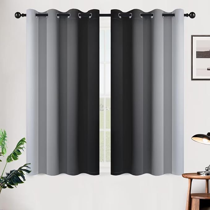 SimpleHome Ombre Black to Grey White Curtains for Living Room 52Wx45L | Room Darkening Curtains for Bedroom,Gradient Light Blocking Curtain,Thermal Insulated Grommet Window Drapes,2 Panels,45 Inch