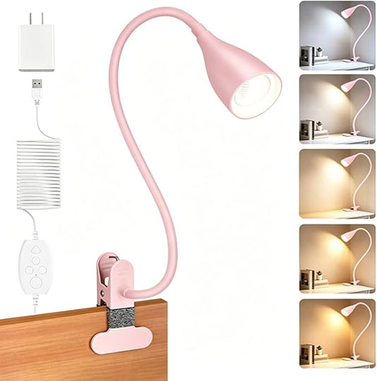 Reading Light for Book in Bed,Clip on Light Reading Lamp with Adapter Pink | 5 Color Modes 10 Brightness, Flexible Eye-Caring Clip on Desk Lamp Book Light for Reading in Bed Headboard Bedside Bedroom