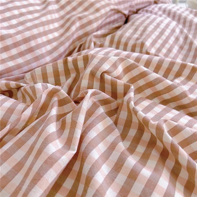 LifeTB Pink Gingham Comforter Set Full Ruffle Pink Plaid Comforter Set 3 Pieces Grid Checkered Pattern Comforter with 2 Pillowcases Fluffy Boho Farmhouse Gingham Bedding Comforter for All Seasons