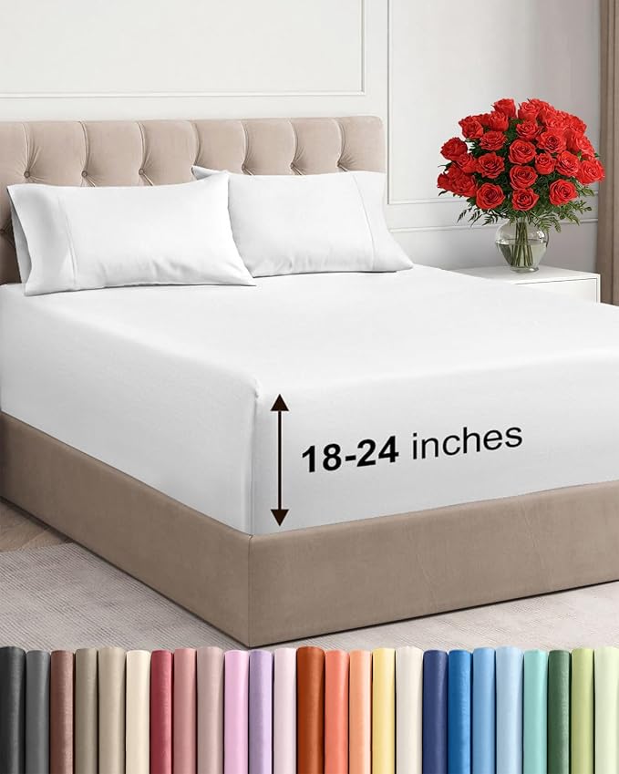 Extra Deep Twin Sheet Set - 4 Piece Breathable and Cooling Sheets - White | Hotel Luxury Bed Sheets Set, Easy & Secure Fit, Ultra-Soft, Wrinkle & Fade Free, Comfy Sheets Set with Extra Deep Pockets
