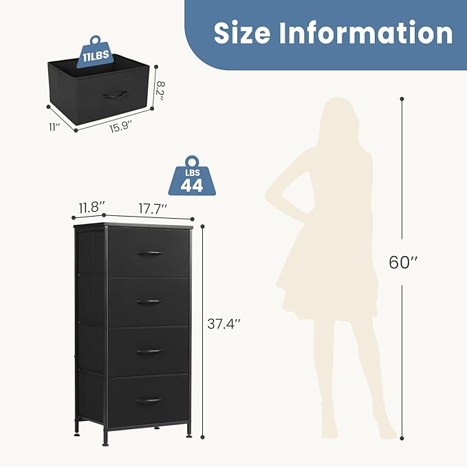 DUMOS Nightstand, Bedside Table with 4 Fabric Drawers | Night Stand with Removable Bins, Steel Frame Wood Top, Small Dresser for Bedroom Closet