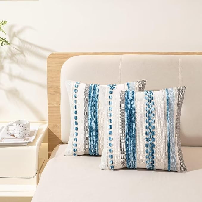 Boho Throw Pillow Covers Decorative Neutral Farmhouse Pillow case | 18x18 Set of 2 Cushion Case Striped Square Pillows Cover Couch Pillow Cases Accent Pillowcase for Sofa Bed,Sky Blue