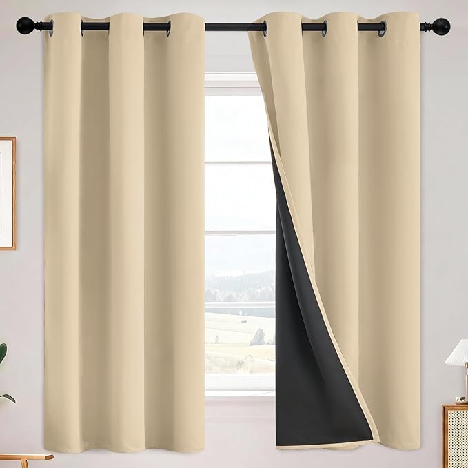 SimpleHome Beige 100% Blackout Curtains Room Darkening Living Room 63 Inch | Curtains for Bedroom,Thermal Insulated Grommet Window Drapes,Curtains for Living Room with Black Back,38 x 63 Inch,2 Panels