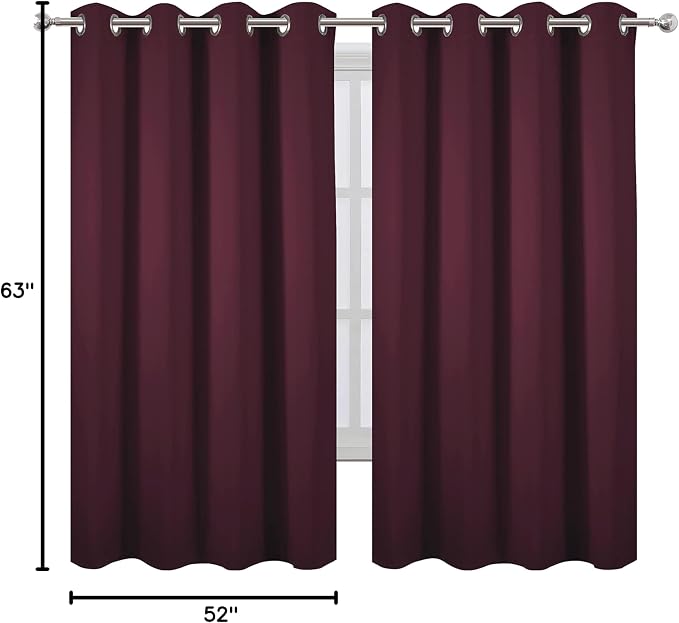 Burgundy Red Blackout Curtains 52 x 63 Inch Length/Set of 2 Curtain Panels/Thermal Insulated Room Darkening Blackout Curtains for Bedroom