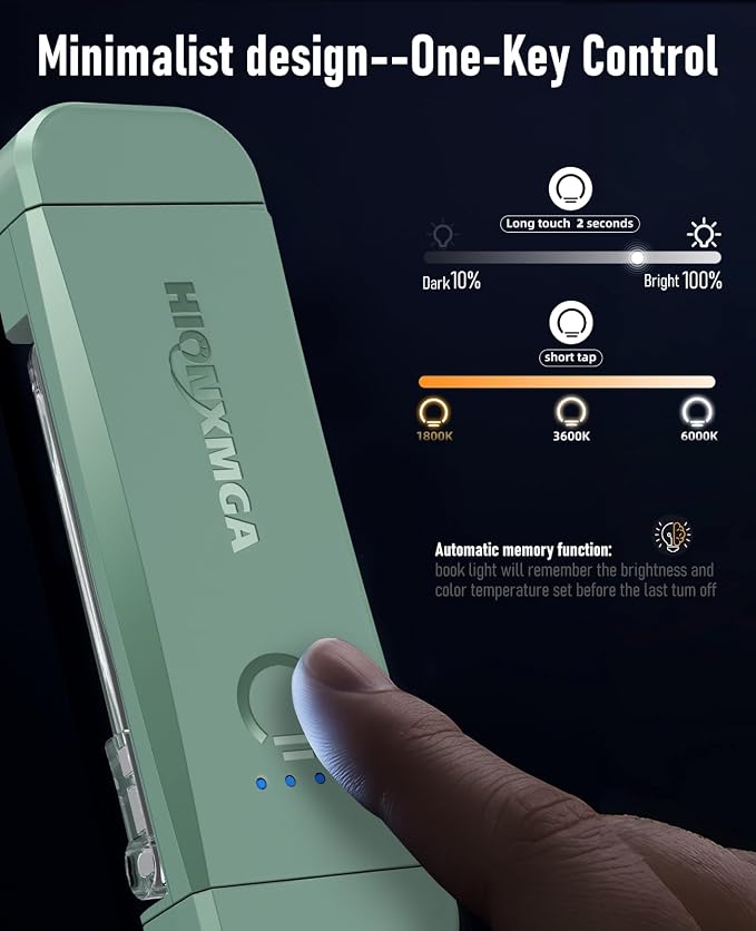 HIONXMGA Book Reading Light,Silent Touch Books Lamp for Reading in Bed,Rechargeable Clip on Booklight with 3 Amber Colors & 7 LEDs Precise Dimming for Eye Caring Night Reading,Book Lovers,Kids,Green | Up to 100H Runtime,3 Amber Colors,Stepless Dimming,...