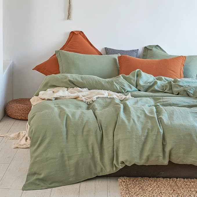 Simple&Opulence 100% Linen Duvet Cover Set 3pcs Basic Style Natural French Washed Flax Solid Color Soft Breathable Farmhouse Bedding with Button Closure - Sage Green, Full