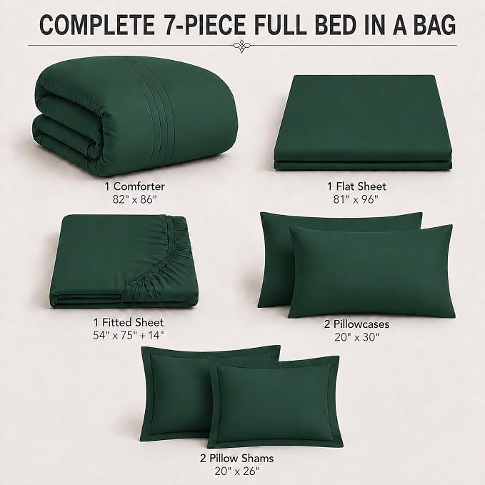 Full Comforter Set Emerald Green - Bed in a Bag Full Size 7 Pieces, Soft Bedding Set for All Seasons, Premium Comforter Set with Comforter, Sheets, Pillowcases & Shams