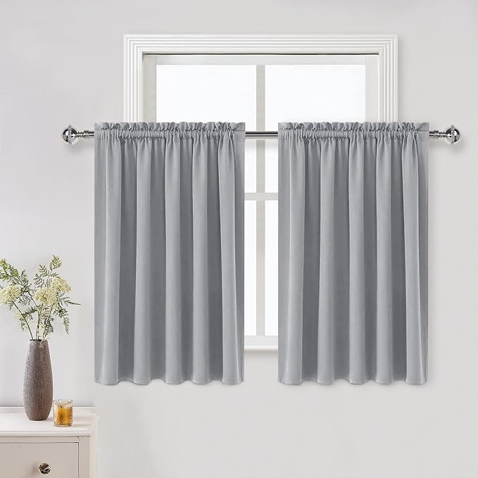 DWCN Short Blackout Curtains 60 x 36 Inch Long for Kitchen RV Bunk 2 Panels | Kitchen Curtains Over Sink, Thermal Insulated, Light Blocking, Rod Pocket Drapes for Small Window, Silver Grey