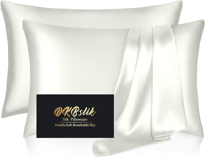 Silk Pillowcase 2 Pack, Mulberry Silk Pillow Cases Queen Size Set of 2, Anti Acne Silk Pillowcase for Hair and Skin, Natural Silk Satin Pillowcases Gifts for Women Men 2 Pack with Zipper, Ivory