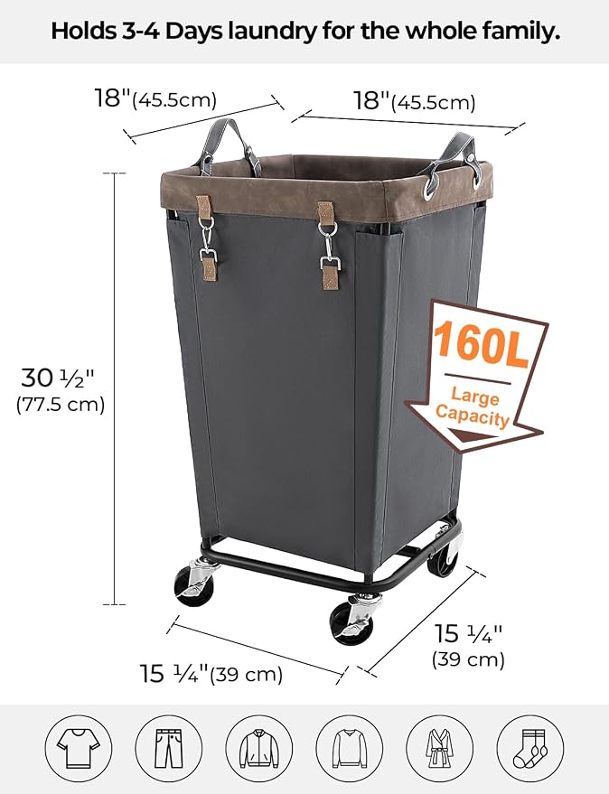 StorageWorks 160L Laundry Basket with Wheels, Rolling Hampers for Clothing | Grey Laundry Basket with Wheels, Metal Frame & Handles, Rolling Hamper for Bedroom, Bathroom, Dorm, Hotel