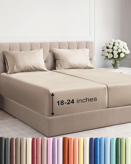 Extra Deep Split King Sheet Set - 5 Piece Breathable Cooling Sheets - Wheat | Easily Fits 18 to 24 inch Mattress - Ultra Soft, Wrinkle & Fade Free with Extra Deep Pockets - Comfy Hotel Luxury Bedding