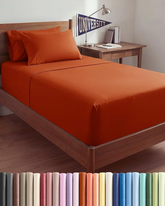 Extra Deep Twin XL Sheet Set - 4 Piece College Dorm Room - Terracotta | College Dorm Room Essentials, Easy & Secure Fit, Ultra-Soft, Wrinkle & Fade Free, Comfy Sheets Set with Extra Deep Pockets