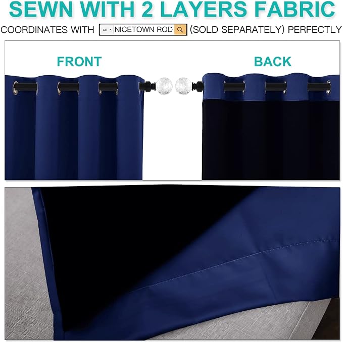 NICETOWN 100% Blackout Blinds, Laundry Room Decor Window Treatment Curtains, Thermal Insulated Energy Smart Drapes and Draperies for Villa, Hall and Studio, Royal Blue, Set of 2, 52 inches x 95 inches