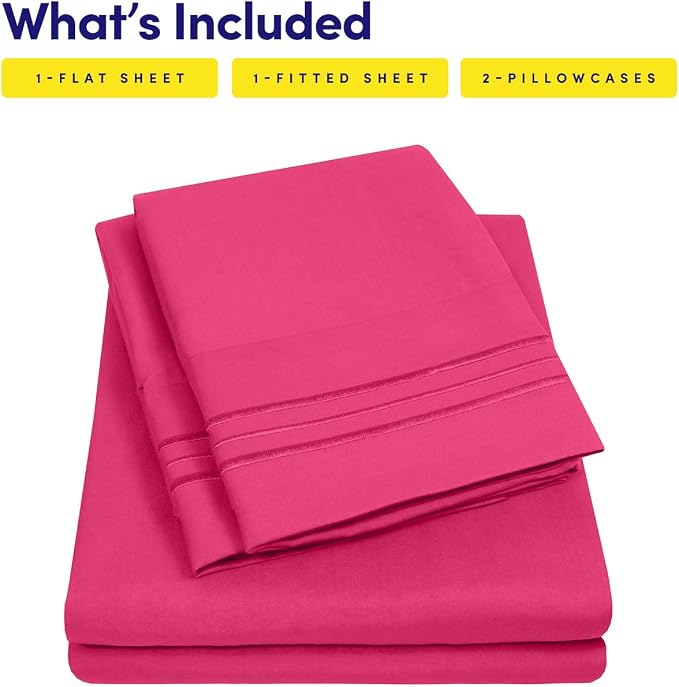 Full Size Sheet Set with Built-in Sheet Straps - Deep Pocket Fitted Sheet, Flat Sheet & Pillowcases - Soft, Wrinkle-Free, Secure Fit - Fuschia