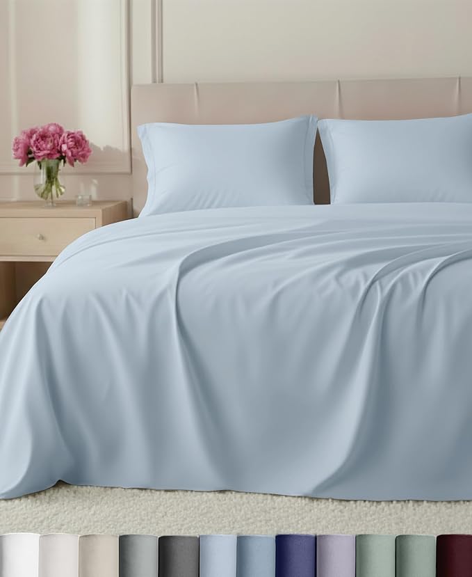 California Design Den Luxury 800 Thread Count Queen Size Sheet Set | 100% Cotton Sateen Backed by Good Housekeeping Seal - Soft & Thick, 16" Deep Pocket, All-Around Elastic - Blue (Grey Tone)