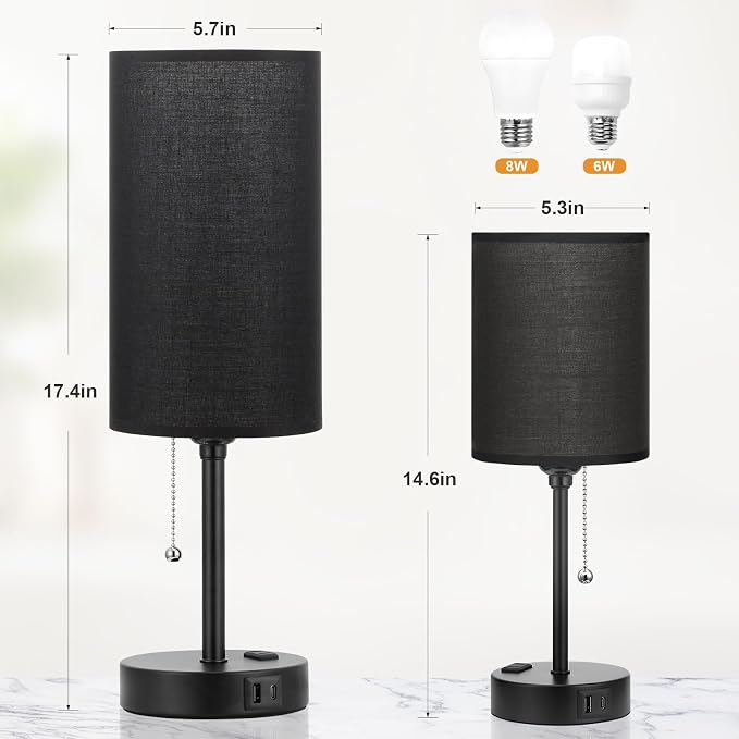 17in Bedside Table Lamp for Bedroom, Desk Lamp with USB Ports for Dorm | 17" Night Stand Lamp, USB A+C Ports, AC Outlet, 3 Color Temperatures, LED Bulb Included, Black Fabric Shade, Matte Black Base