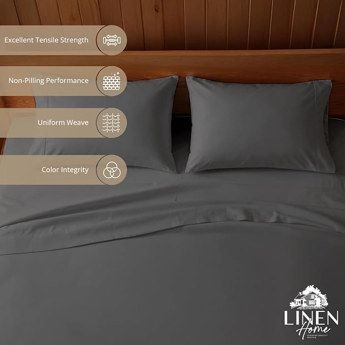 Linen Home 2-Pack Queen Sheet Set, 100% Cotton Percale Bedding, 8-Piece Value Bundle, Deep Pocket Cooling Bedsheets for Hot Sleepers, Breathable & Crisp Hotel Quality Long-Staple Cotton Smoky Charcoal