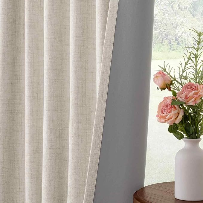 INOVADAY 100% Blackout Linen Curtains for Bedroom 50x84 Inches Cream | Linen Textured, Light Blocking, Room Darkening, Thermal Insulated, Back Tab Top, Window Curtains for Living Room, 2 Panels