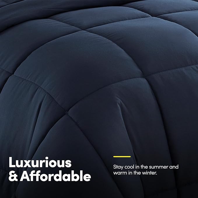 Sweet Home Collection 7 Piece Comforter Set Bag Solid Color All Season Soft Down Alternative Blanket & Luxurious Microfiber Bed Sheets, Navy, Queen