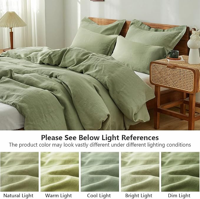 Simple&Opulence 100% Washed Linen Duvet Cover Set 5pcs(1 Duvet Cover& 2 Shams& 2 Pillowcases) Basic Style Natural French Flax Soft Breathable Farmhouse Bedding (King, Sage Green)