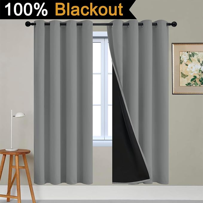 Yakamok Dove Grey 100% Blackout Curtains 72 Inches Long 52" Wide 2 Panel | Blackout Curtain Panels for Bedroom, 2 Thick Layers Grommet Top Thermal Insulated Drapes with Black Liner for Living Room