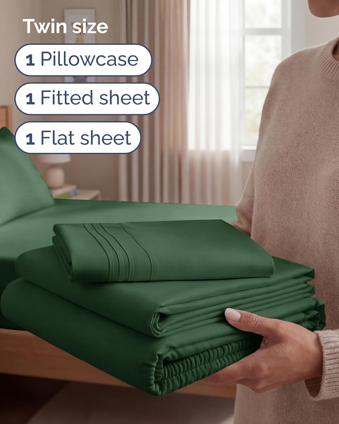 Twin Size 3 Piece Sheet Set - Breathable & Cooling Sheets - Emerald Green | Hotel Luxury Bed Sheets for Women & Men, Deep Pockets, Easy-Fit, Extra Soft and Wrinkle Free Sheets, Oeko-Tex Bed Sheet Set