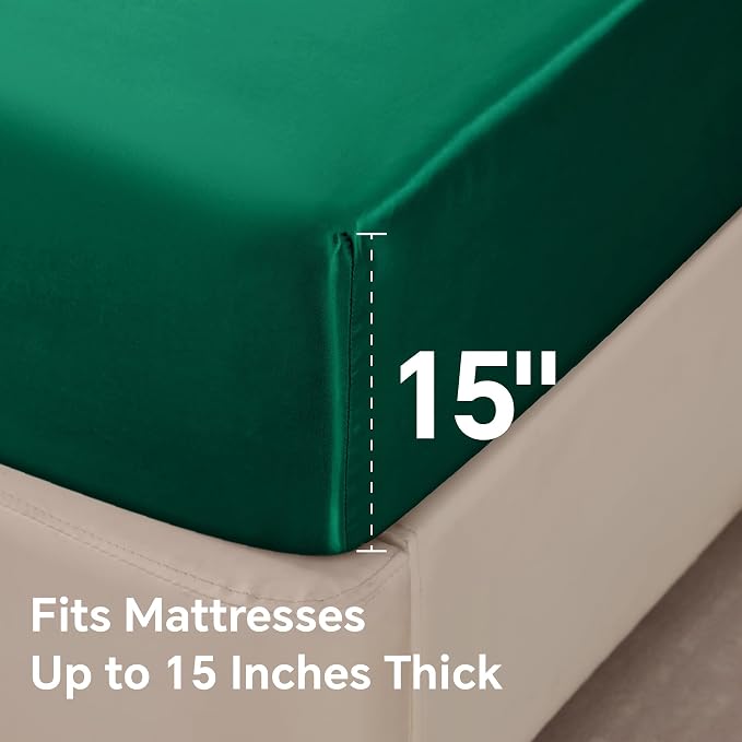 BEDELITE Satin Sheets King Size Bed Set, Dark Green, 4 Pieces | Luxury Silky Bed Sheets, 15 Inch Deep Pocket, Similar to Silk, Soft and Cooling, Reduces Friction, Gentle on Hair and Skin