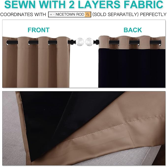 NICETOWN 100% Blackout Curtains Thermal, Noise Cancellation and Privacy Truly Blackout Curtains for Patio Door, Black Lined Blackout Drapes with Grommet Top, Cappuccino, 1 Pair, W42 x L84