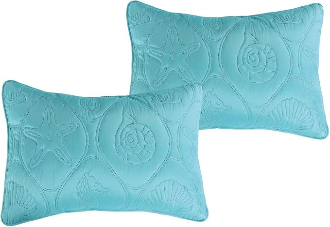 Legacy Decor 3 PCS Shell & Seahorse Reversible All Season Bedspread Quilt Coverlet Oversize, Turquoise Color, King Size