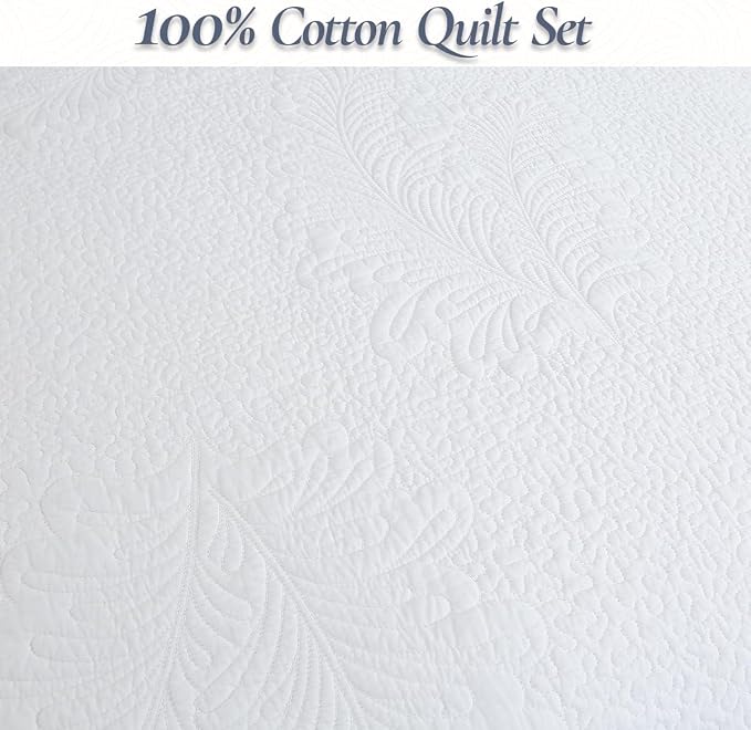 Cozy Line Home Fashions White 100% Cotton Quilt Set King | 3-Piece, Quilted Botanical Stitch Bedspread with Shams, Elegant, All Season Bedding